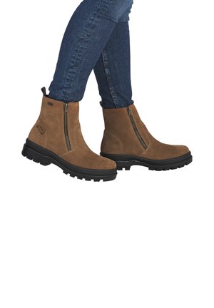 Brown suede ankle boots with a side zipper and black rubber sole. Textured surface and pull tab on the back for easy wear.