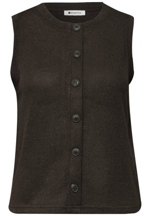 Dunkelbraune ärmellose Strickweste mit rundem Ausschnitt und sechs schwarzen Knöpfen vorne, Etikett lautet "Street One."