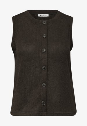 Dunkelbraune ärmellose Strickweste mit rundem Ausschnitt und sechs schwarzen Knöpfen vorne, Etikett lautet "Street One."