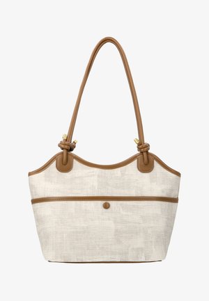 Geantă tote din pânză bej, cu finisaje din piele maro, mâner dublu lung cu noduri și un detaliu central cu nasture pe buzunarul frontal.