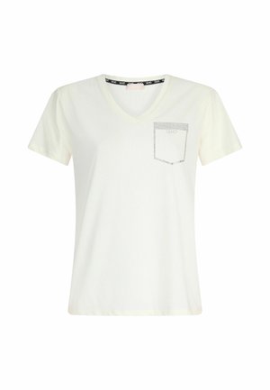 T-shirt bianco a maniche corte con scollatura a V, realizzato in cotone, con un piccolo dettaglio a taschino a quadri e un logo sulla tasca.