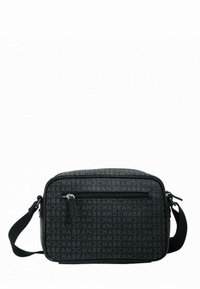 Borsa a tracolla nera con un motivo a logo ripetuto, tasca frontale con zip e tracolla regolabile. Realizzata in materiale sintetico resistente.