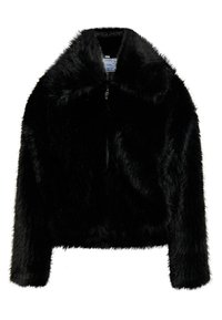 Sort faux fur jakke med høj krave, lynlåslukning foran og brede ærmer. Blød tekstur med et luksuriøst og fyldigt udseende.