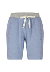 Pantalones cortos a rayas azul y blanco con una cinturilla elástica gris y cordón. Presenta bolsillos laterales y un pequeño detalle gráfico en la pierna.