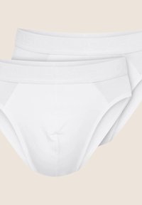 Białe bawełniane majtki z miękkim, elastycznym paskiem wytłaczanym napisem. Gładka faktura i klasyczny fason z dopasowanym kształtem.