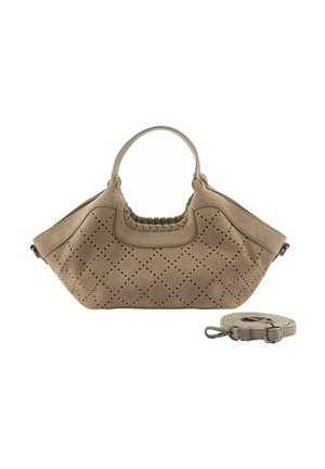Sac à main en daim taupe avec motif diamant perforé, poignées supérieures arrondies et bandoulière ajustable séparée posée à côté.
