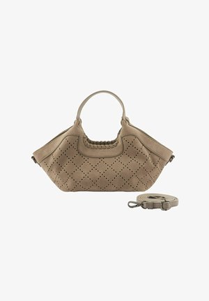 Sac à main en daim taupe avec motif diamant perforé, poignées supérieures arrondies et bandoulière ajustable séparée posée à côté.