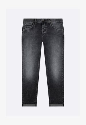 Jeans in denim grigio scuro con gamba dritta, design a cinque tasche e dettaglio orlo piegato. Presentano una chiusura con bottone e cuciture in contrasto.