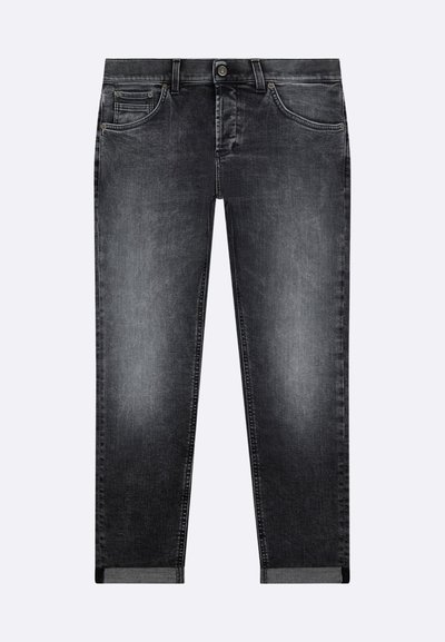 Jeans in denim grigio scuro con gamba dritta, design a cinque tasche e dettaglio orlo piegato. Presentano una chiusura con bottone e cuciture in contrasto.