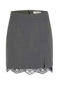 Gonna grigia a righe con dettaglio in pizzo all'orlo. Presenta una vita aderente e uno spacco laterale, realizzata in tessuto a trama. Chiusura con zip sul retro.