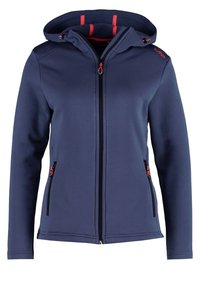 Veste à capuche bleu marine avec fermeture éclair frontale, tirettes de fermeture éclair rouges, poches latérales zippées et accents rouges à l'intérieur de la capuche.