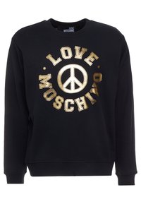 Svart sweatshirt med ett stort guldigt tryck med texten "LOVE MOSCHINO" och en fredssymbol, rund halsringning och ribbade muddar.