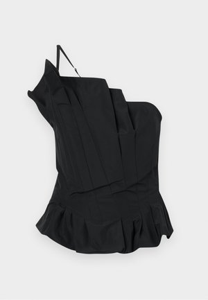 Black structured top with an asymmetrical design, featuring pleats and a flared hem. Made from smooth fabric with a single shoulder strap.
