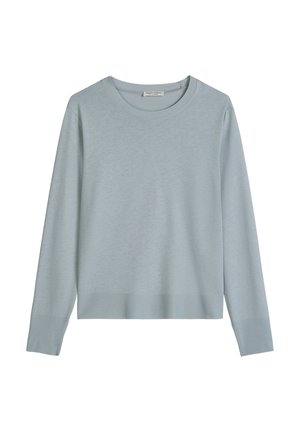 Lichtblauwe trui met lange mouwen en ronde hals, voorzien van geribbelde boorden en zoom, afgebeeld op een witte achtergrond.