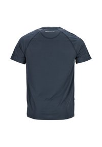 Mørkeblå kortærmet atletisk t-shirt med rund hals, glat tekstur og reflekterende detalje på ryggen. Har flade sømme og logo-detalje.