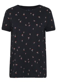 T-shirt noir avec un motif dispersé de petits verres à cocktail colorés et de figures. Fabriqué en tissu doux avec un col rond.