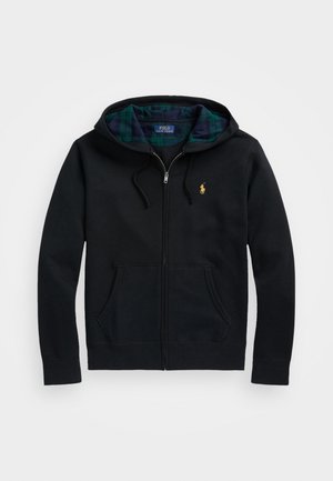 Zwarte hoodie met ritssluiting, voorzakken, capuchon met trekkoorden gevoerd met groen en blauw geruit stof, en klein geel Polo Ralph Lauren-logo op de borst.