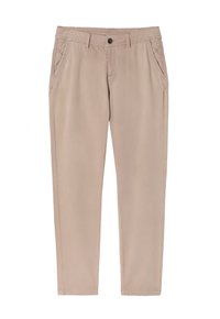 Beige, slim-fit broek van zachte stof. Bevat een knoopsluiting, twee zijzakken en schone, rechte zomen.
