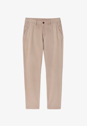 Pantaloni beige slim-fit realizzati in tessuto morbido. Presentano una chiusura con bottone, due tasche laterali e orli puliti e dritti.