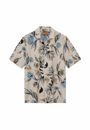Rövid ujjú bézs ing kék és barna virágmintával, gombos elülső résszel és nyitott gallérral.