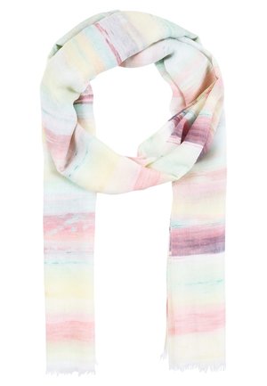 Longue écharpe douce avec des rayures horizontales pastel en rose, jaune, vert et violet, bouclée lâchement avec des bouts frangés.