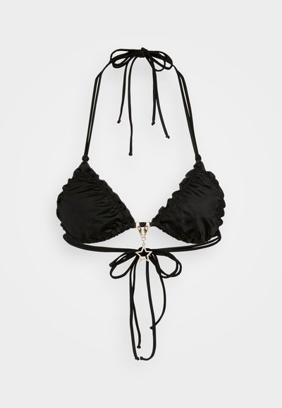 Black triangle bikini top with ruffled edges, adjustable ties, and a gold star charm accent at the center front. Smooth texture.