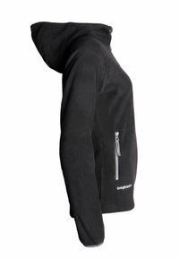 Svart fleecejacka med huva, sidodragkedjeficka, flatlock-sömmar och logotyp på nedre framsidan. Slät textur och åtsittande design.
