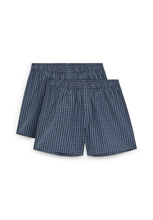 Due paia di boxer da uomo in cotone a quadri blu e nero con elastico in vita su sfondo bianco.