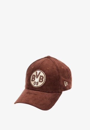 Brown corduroy cap with a rounded crown, embroidered "BVB 09" logo on the front, and a curved brim. Features a New Era logo on the side.