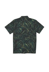Short-sleeve shirt featuring a dark background with a green and beige leafy pattern, made from lightweight fabric with a soft texture.