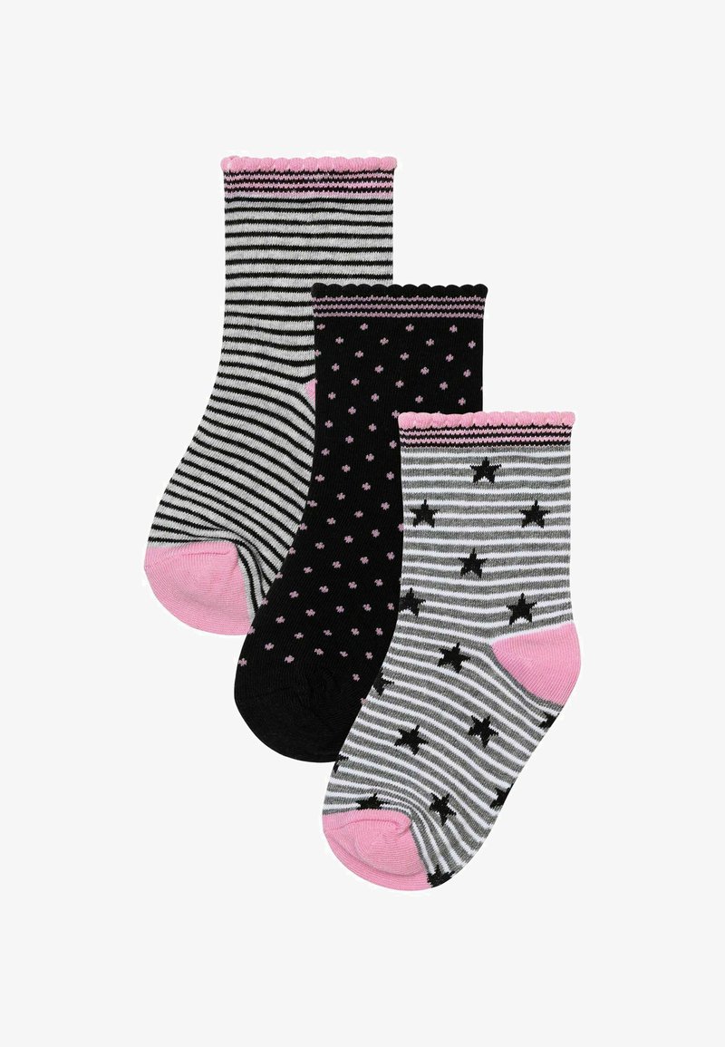Drei Paare von Kindersocken: ein schwarz-graues gestreiftes Paar mit rosa Akzenten, ein schwarzes Paar mit rosa Punkten und ein graues Paar mit schwarzen Sternen.