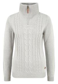Maglione lavorato a maglia grigio chiaro con collo alto e zip a metà. Presenta un motivo a trecce, polsini a costine e un'etichetta sul lato inferiore.