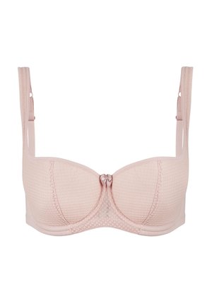 Light pink textured underwire bra with adjustable shoulder straps and a small decorative bow at the center front.