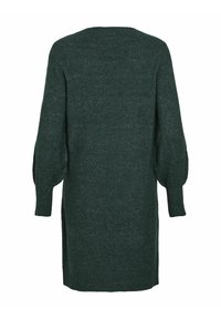 Abito verde a maglia con maniche a palloncino lunghe, scollo rotondo e spacchi laterali. Texture morbida con un motivo leggermente screziato.