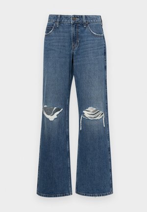 Jeans de pierna ancha en denim de azul medio, con desgastes en las rodillas, bordes sin rematar y un diseño clásico de cinco bolsillos con cierre de botón metálico.