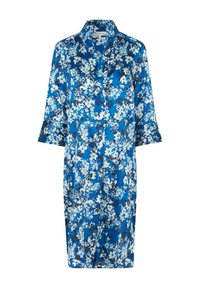 Abito floreale blu realizzato in tessuto setoso, con colletto, maniche a tre quarti e lunghezza fino al ginocchio, con accenti in bianco e blu scuro.