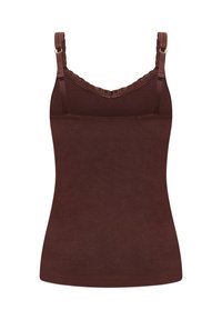 Camisola marrone con spalline regolabili, bordo in pizzo lungo il collo e tessuto di cotone morbido. Design aderente con orlo dritto.