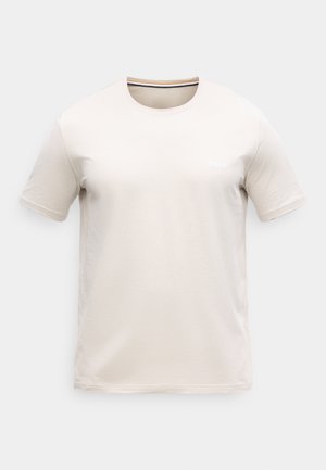 Tricou simplu bej deschis, cu mâneci scurte și gât rotund, din bumbac, cu mic logo alb „BOSS” în partea stângă a pieptului.