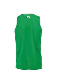Canottiera in rete verde con bordi bianchi, caratterizzata da un logo sul retro. Il tessuto ha una texture traspirante e un design a vestibilità larga.
