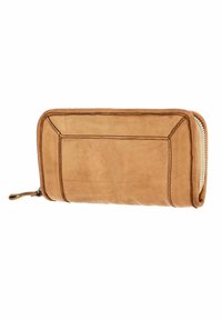 Portafoglio in pelle color tan con forma rettangolare, caratterizzato da una chiusura con zip, dettagli cuciti e una superficie liscia.