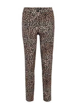 Leggings im Leopardenmuster mit einem Farbenschema aus Braun, Beige und Schwarz, elastischem Stoff und taillierter Passform. Keine sichtbaren Verschlüsse.