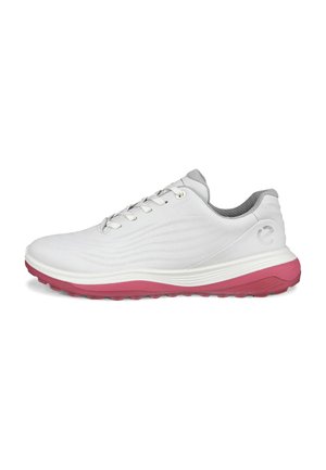 Zapatilla deportiva blanca con forro interior gris y suela texturizada rosa, vista desde un lado.