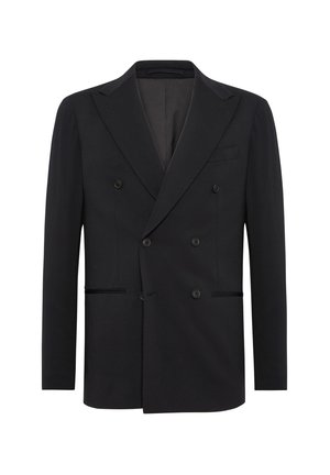 Zwarte dubbelgebondige blazer van soepel materiaal. Heeft een piekdetail op de revers, twee rijen knopen en een borstzak. Slanke pasvorm.