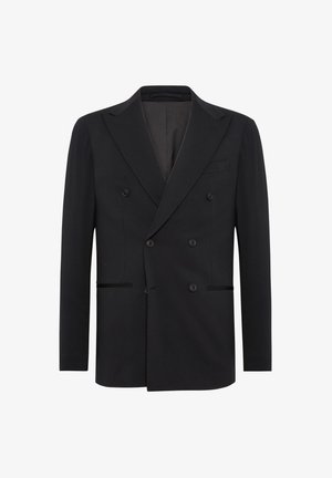 Blazer nero doppiopetto realizzato in tessuto liscio. Presenta rever a punta, due file di bottoni e una tasca sul petto. Design slim fit.