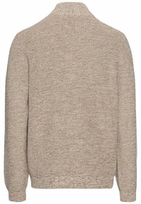 Beige gebreide trui met een textuurpatroon, lange mouwen en een kraag. De stof lijkt zacht en iets chunky. Achteraanzicht weergegeven.