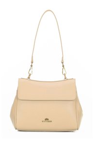 Beige leather handbag with front flap, long shoulder strap, gold clasps, and Wittchen brand logo on front center.