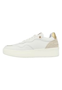 White sneaker with a smooth leather upper, light beige suede accents, and a metallic gold back. Features a thick, textured rubber sole.