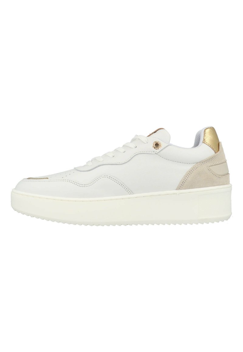 White sneaker with a smooth leather upper, light beige suede accents, and a metallic gold back. Features a thick, textured rubber sole.