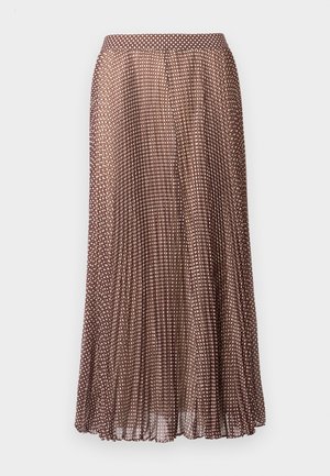 Jupe plissée marron en tissu léger et fluide, avec un tissu transparent à motifs comportant de petits carreaux et une taille élastique.