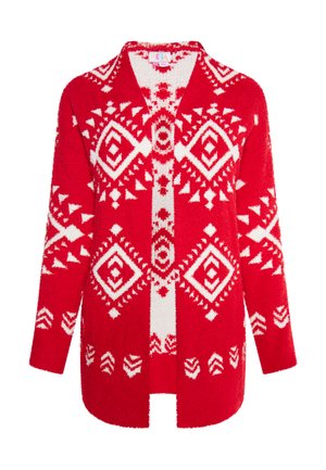 Cardigan rouge en matériau pelucheux avec des motifs géométriques blancs, comprenant des diamants et des triangles, à manches longues et à l'avant ouvert.